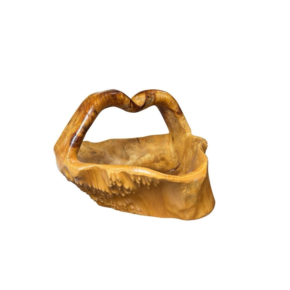 Hand Carved Burl Wood Tree Root Bowl Basket with Handle 13 in dia x 9 tall